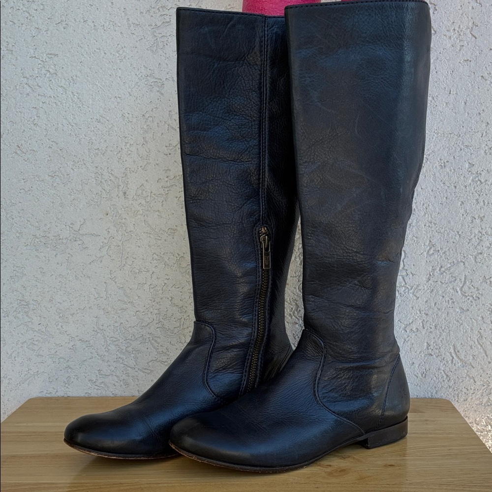 Frye Jillian Pull- On thigh high boots side zip  very low heel  dark blue